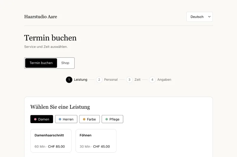 Die Buchungsseite eines Studios in GESTYN, mit den Leistungen nach Art gruppiert