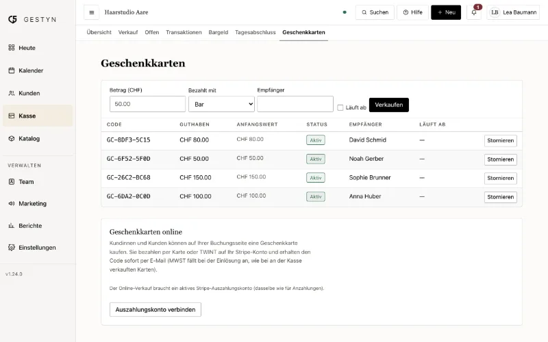 Gutscheine in GESTYN mit Guthaben und Ablaufdatum