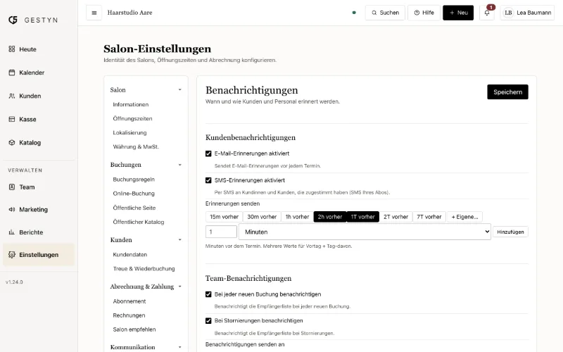 Die Einstellungen der Erinnerungen in GESTYN: wann sie verschickt werden, per E-Mail und SMS