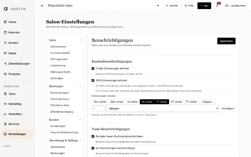 Die Einstellungen der Erinnerungen in GESTYN: wann sie verschickt werden, per E-Mail und SMS