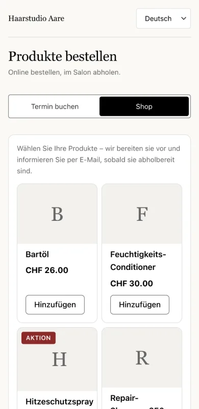 Der Online-Shop eines Salons auf einem Smartphone, mit einem Produkt in Aktion
