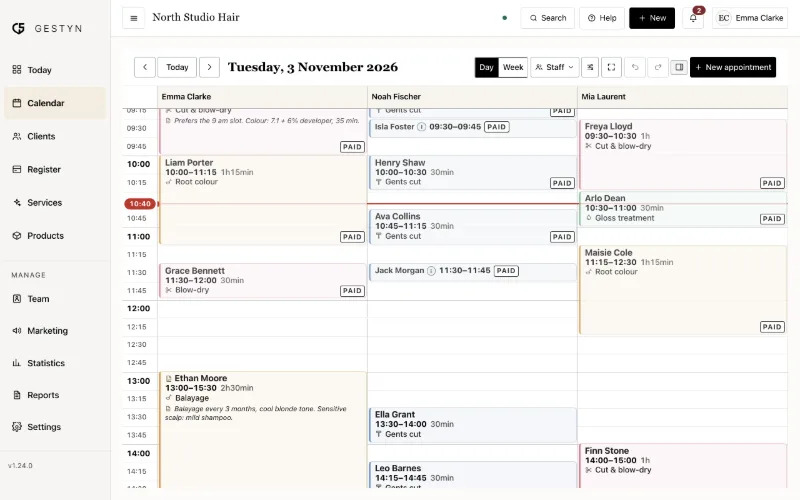 The GESTYN agenda showing a busy day for three stylists, each appointment coloured by service