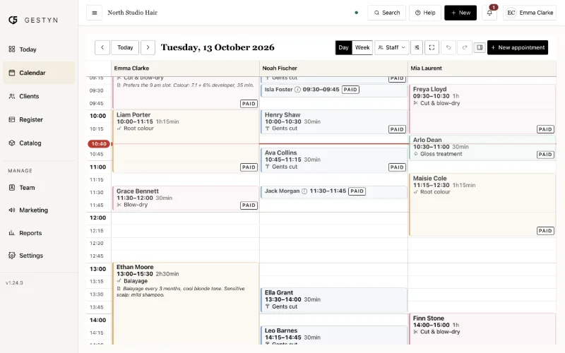 The GESTYN agenda showing a busy day for three stylists, each appointment coloured by service