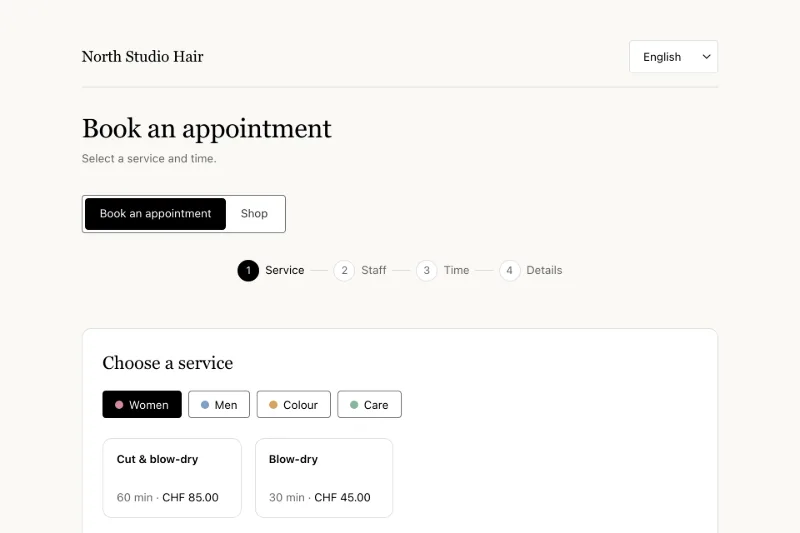 A salon's booking page in GESTYN: services grouped by type, ready to book