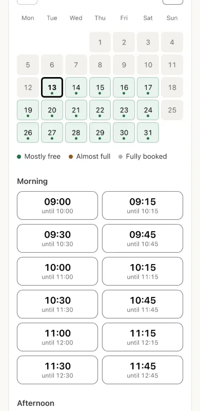 Choosing a day on the booking page, on a phone