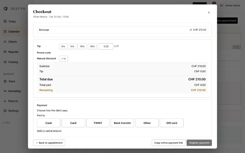 The GESTYN checkout for an appointment, with TWINT, card and cash payment buttons