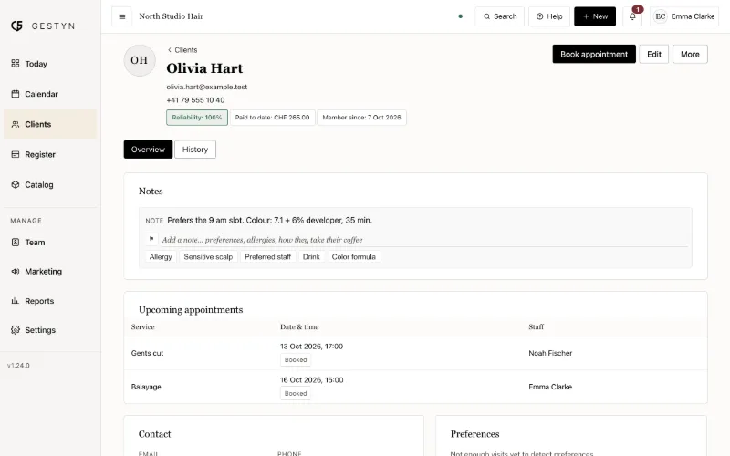 A client record with notes and visit history