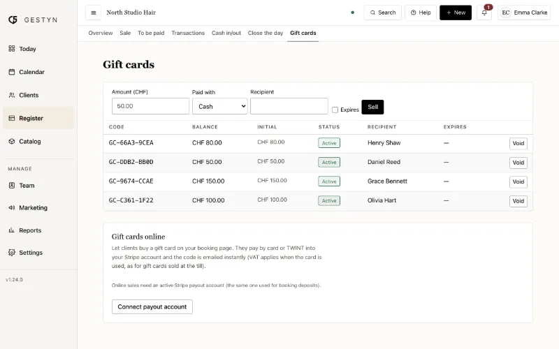 Gift cards in GESTYN with their balance and expiry