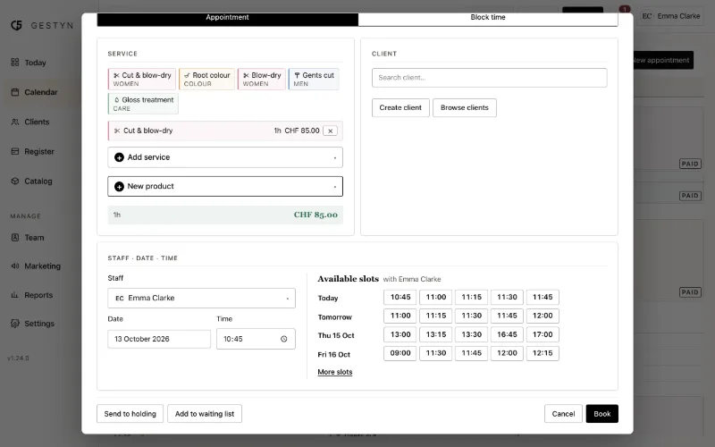 Creating an appointment in GESTYN with suggested free times for the chosen stylist