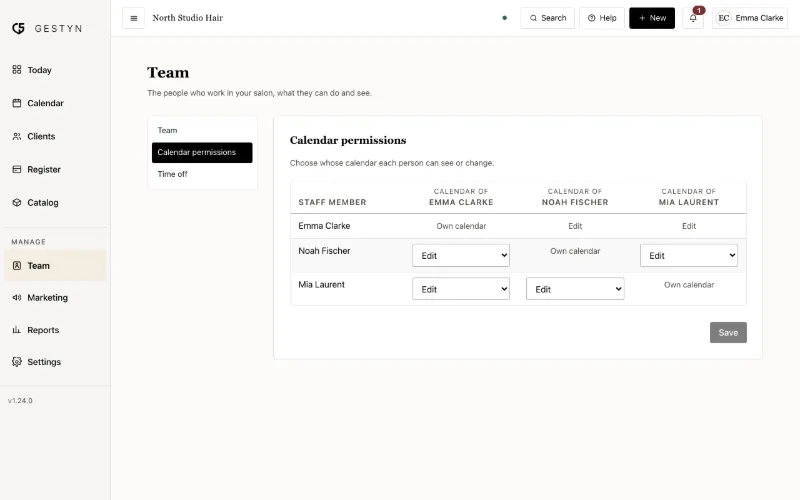 Calendar permissions in GESTYN: who can see and change each team member's agenda
