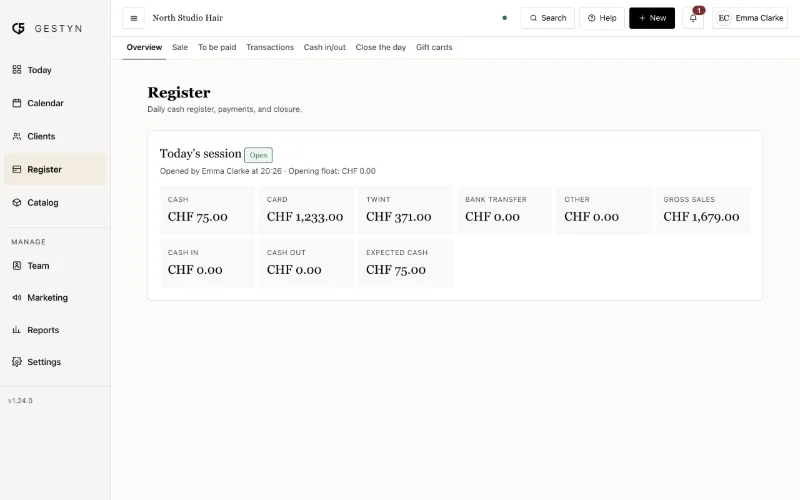 The GESTYN register overview for the day, with totals per payment method