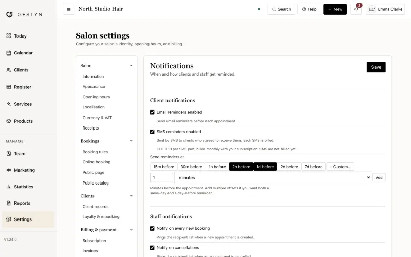 Reminder settings in GESTYN: when reminders are sent, by email and SMS