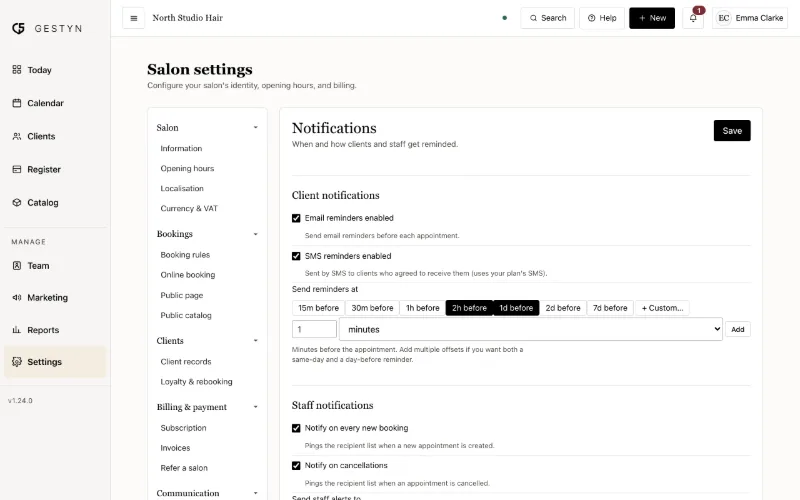 Reminder settings in GESTYN: when reminders are sent, by email and SMS