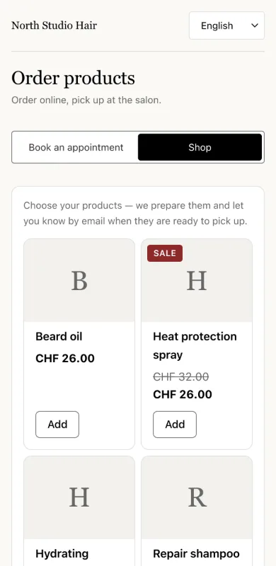 A salon's online shop on a phone, with a product on sale