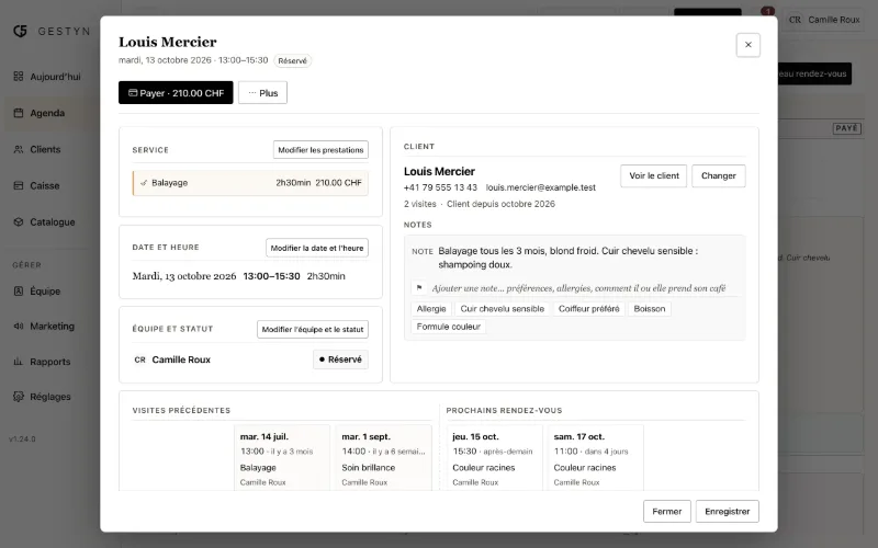 Un rendez-vous ouvert dans GESTYN avec les coordonnées du client, ses notes et son historique