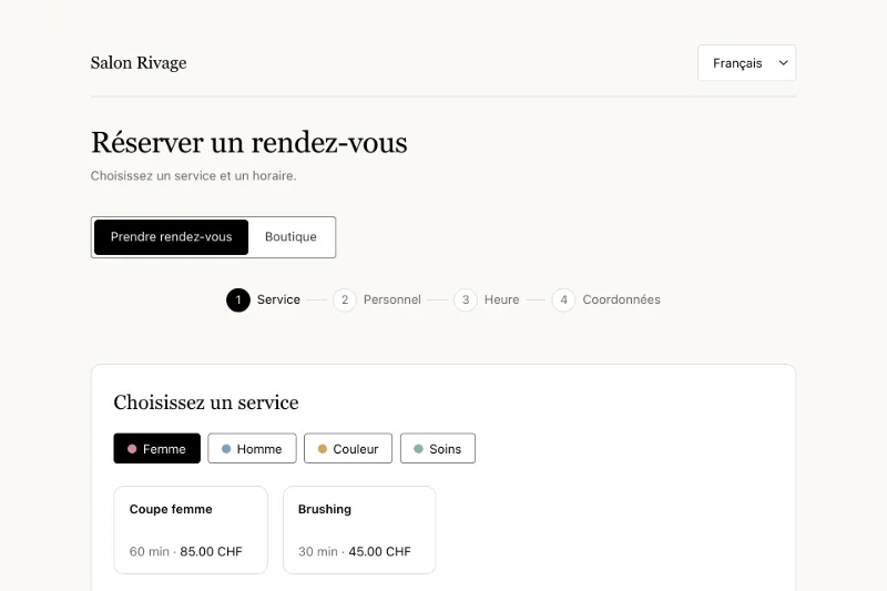 La page de réservation d'un salon dans GESTYN : les prestations regroupées par type, prêtes à réserver