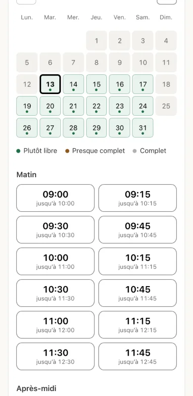 Le choix du jour sur une page de réservation, sur un téléphone