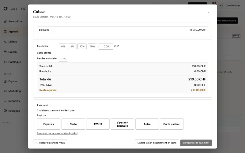 L'encaissement d'un rendez-vous dans GESTYN, avec les boutons de paiement TWINT, carte et espèces