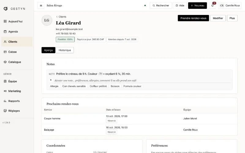 Une fiche cliente avec ses notes et l'historique de ses visites