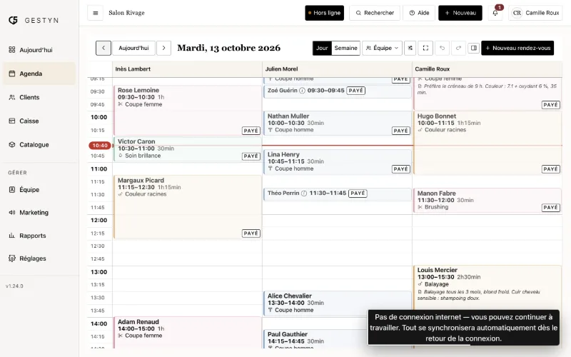 L'agenda GESTYN hors ligne, avec l'indicateur hors ligne dans la barre du haut