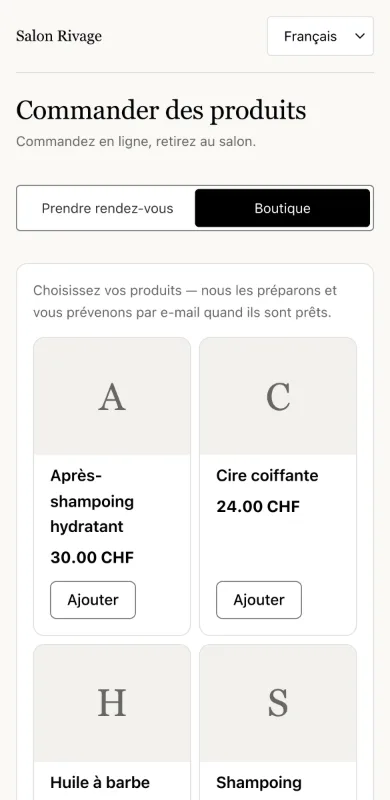 La boutique en ligne d'un salon sur un téléphone, avec un produit soldé