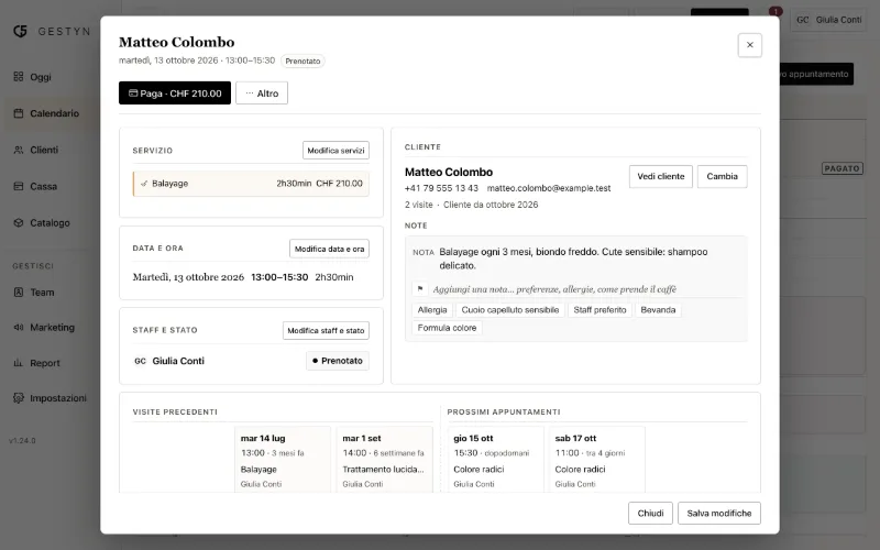 Un appuntamento aperto in GESTYN con i dati del cliente, le note e lo storico