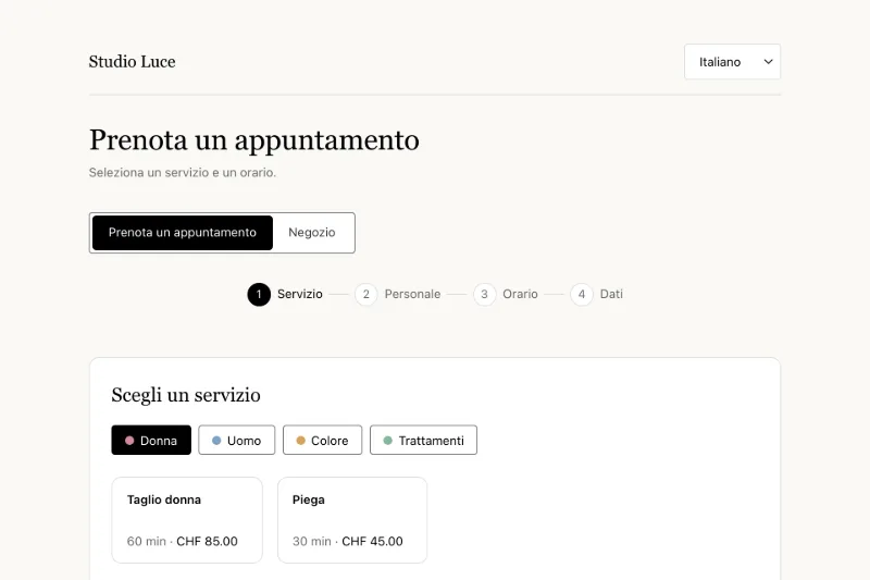La pagina di prenotazione di un salone in GESTYN: i servizi raggruppati per tipo, pronti da prenotare