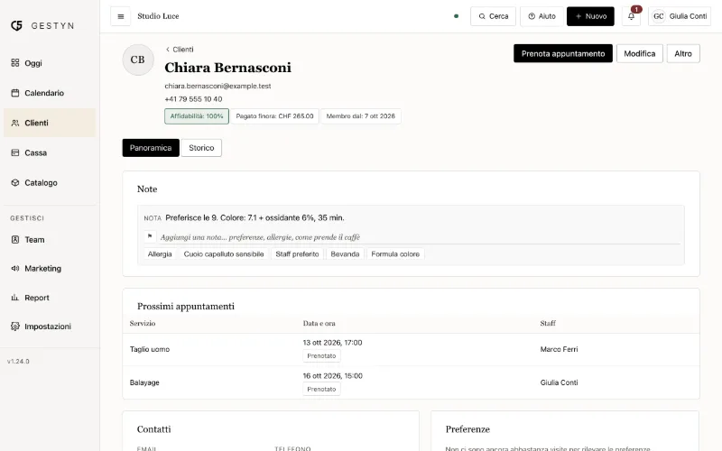 Una scheda cliente con note e storico delle visite