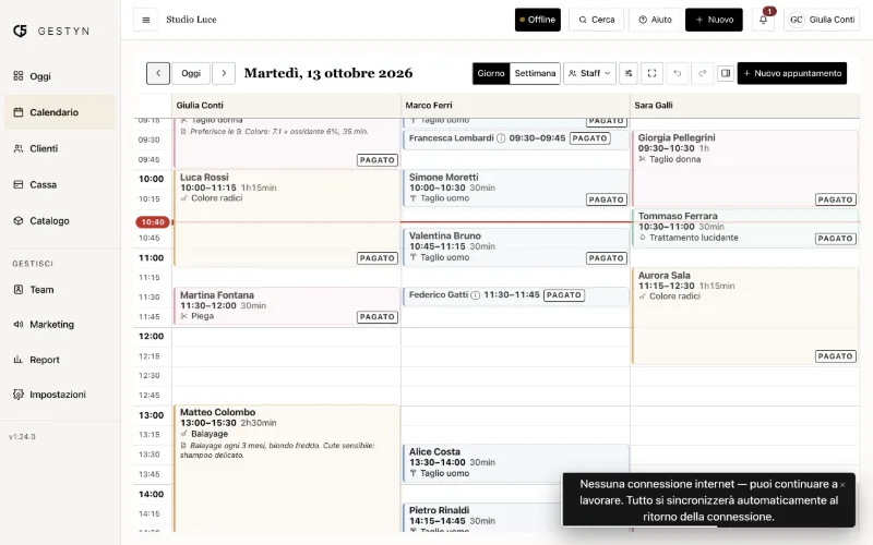 L'agenda di GESTYN offline, con l'indicatore offline nella barra in alto