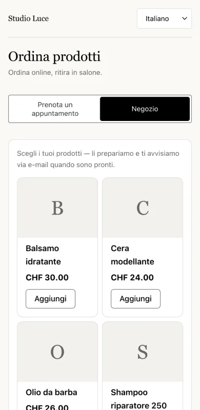 Il negozio online di un salone su un telefono, con un prodotto in offerta
